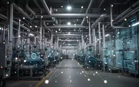 Innenansicht einer Industrieanlage mit komplexen Rohrleitungen und Maschinen, überlagert von digitalen Datenvisualisierungen, die Modernisierung symbolisieren. - Foto: über boerse-global.de