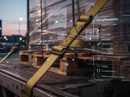 Nahaufnahme eines Ladungssicherungsgurtes auf einer Ladefläche, mit digitalen Daten und Checkliste überlagert, in einem Logistikzentrum. - Foto: über boerse-global.de