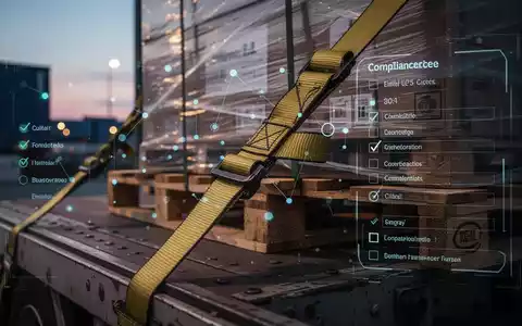 Nahaufnahme eines Ladungssicherungsgurtes auf einer Ladefläche, mit digitalen Daten und Checkliste überlagert, in einem Logistikzentrum. - Foto: über boerse-global.de