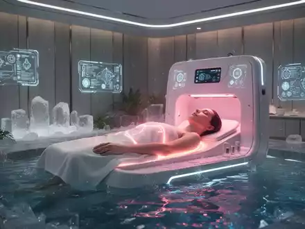 Eine Person entspannt sich in einem modernen Hotel-Spa, umgeben von sanften Lichtern und Hightech-GerĂ€ten fĂŒr eine Wellness-Behandlung. - Foto: ĂŒber boerse-global.de