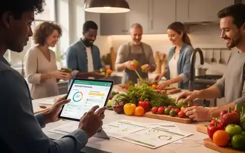 Eine Person betrachtet einen digitalen Ernährungsplan auf einem Tablet, während im Hintergrund frische Lebensmittel auf einer Küchenzeile liegen. - Foto: über boerse-global.de