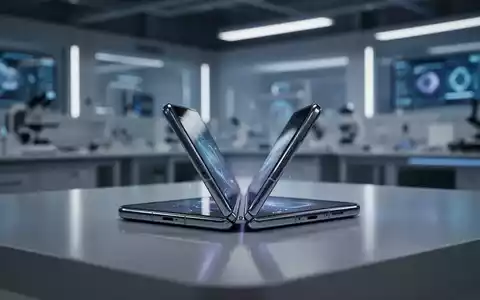 Ein teilweise gefaltetes, futuristisches Smartphone mit leuchtendem Bildschirm auf einer reflektierenden Oberfläche in einem Hightech-Labor. - Foto: über boerse-global.de
