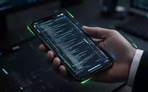 Nahaufnahme eines Smartphone-Bildschirms mit abstraktem Code und Daten, gehalten von einer Hand. Der Bildschirm leuchtet blau und grün. - Foto: über boerse-global.de