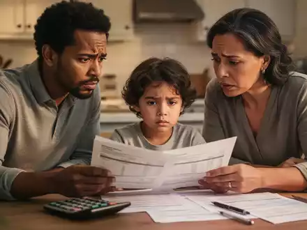 Eine Familie, bestehend aus Eltern und einem Kind, sitzt besorgt am Küchentisch und überprüft Finanzdokumente. - Foto: über boerse-global.de