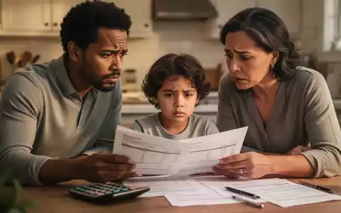 Eine Familie, bestehend aus Eltern und einem Kind, sitzt besorgt am Küchentisch und überprüft Finanzdokumente. - Foto: über boerse-global.de