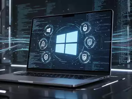 Stilisiertes Windows-Logo auf Laptop-Bildschirm mit Sicherheitssymbolen und Code im Hintergrund, Systemupdate. - Foto: über boerse-global.de