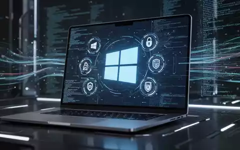 Stilisiertes Windows-Logo auf Laptop-Bildschirm mit Sicherheitssymbolen und Code im Hintergrund, Systemupdate. - Foto: über boerse-global.de