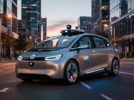 Ein futuristisches, fahrerloses Robotaxi fährt in der Dämmerung durch eine Stadtstraße und zeigt fortschrittliche Technologie und urbane Expansion. - Foto: über boerse-global.de
