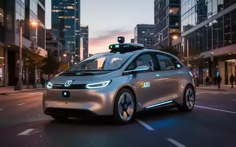 Ein futuristisches, fahrerloses Robotaxi fährt in der Dämmerung durch eine Stadtstraße und zeigt fortschrittliche Technologie und urbane Expansion. - Foto: über boerse-global.de