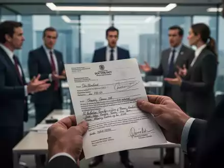 Eine Hand hält eine ärztliche Krankmeldung, während im unscharfen Hintergrund Personen in einem Büro debattieren. - Foto: über boerse-global.de