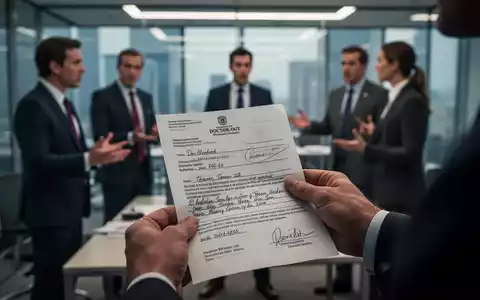 Eine Hand hält eine ärztliche Krankmeldung, während im unscharfen Hintergrund Personen in einem Büro debattieren. - Foto: über boerse-global.de