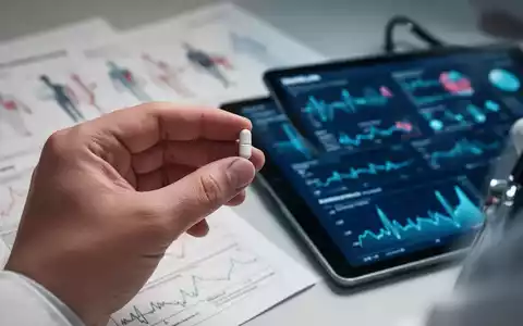 Eine Hand hält eine Pille, im Hintergrund verschwommene medizinische Diagramme und ein Tablet mit Gesundheitsdaten. - Foto: über boerse-global.de