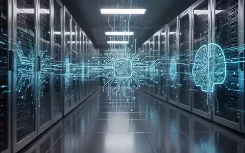 Nahaufnahme komplexer Server-Hardware mit leuchtend blauen Lichtspuren, die künstliche Intelligenz und Datenverarbeitung symbolisieren. - Foto: über boerse-global.de