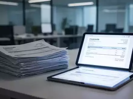 Ein Stapel Papier-Rechnungen auf einem Schreibtisch, unscharf im Vordergrund, während im Hintergrund ein Tablet eine E-Rechnung anzeigt. - Foto: über boerse-global.de