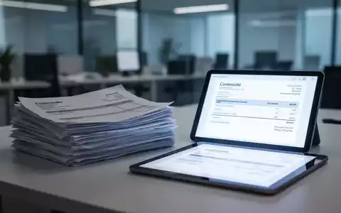 Ein Stapel Papier-Rechnungen auf einem Schreibtisch, unscharf im Vordergrund, während im Hintergrund ein Tablet eine E-Rechnung anzeigt. - Foto: über boerse-global.de