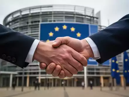 Eine symbolische Darstellung eines Händedrucks zwischen der chemischen Industrie und der EU-Kommission vor dem Europaparlament. - Foto: über boerse-global.de