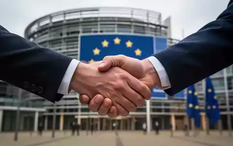 Eine symbolische Darstellung eines Händedrucks zwischen der chemischen Industrie und der EU-Kommission vor dem Europaparlament. - Foto: über boerse-global.de