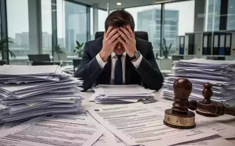 Ein Geschäftsmann mit Anzug und den Händen am Kopf sitzt an einem Schreibtisch voller deutscher Bürokratie-Dokumente. - Foto: über boerse-global.de
