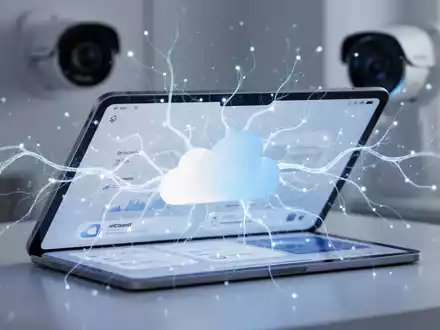 Tablet mit iCloud+-Oberfläche und KI-Netzwerk-Overlays, im Hintergrund eine Sicherheitskamera im Smart Home. - Foto: über boerse-global.de