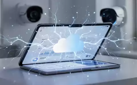 Tablet mit iCloud+-Oberfläche und KI-Netzwerk-Overlays, im Hintergrund eine Sicherheitskamera im Smart Home. - Foto: über boerse-global.de