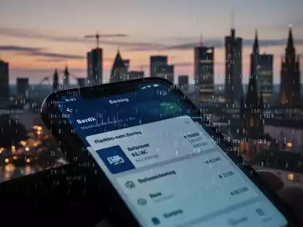 Nahaufnahme eines Smartphone-Bildschirms mit Banking-App und digitalem Code, verschwommenes Frankfurter Bankenviertel im Hintergrund. - Foto: über boerse-global.de