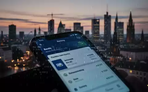 Nahaufnahme eines Smartphone-Bildschirms mit Banking-App und digitalem Code, verschwommenes Frankfurter Bankenviertel im Hintergrund. - Foto: über boerse-global.de