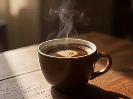 Eine Nahaufnahme einer dampfenden Tasse Kaffee auf einem Holztisch, stimmungsvoll beleuchtet. - Foto: über boerse-global.de