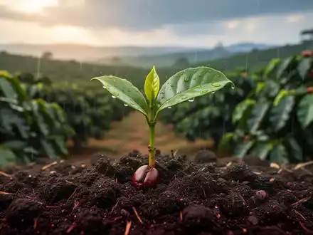 Ein Kaffeebohnenspross, der aus der Erde wächst, mit Regentropfen und einem verschwommenen brasilianischen Kaffeeanbau im Hintergrund. - Foto: über boerse-global.de