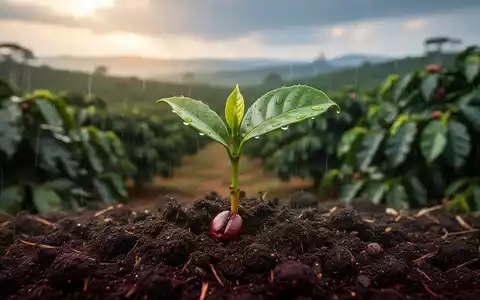 Ein Kaffeebohnenspross, der aus der Erde wächst, mit Regentropfen und einem verschwommenen brasilianischen Kaffeeanbau im Hintergrund. - Foto: über boerse-global.de