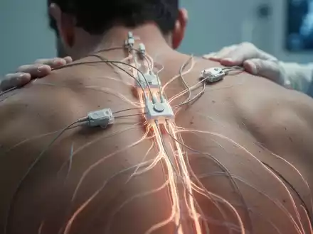 Nahaufnahme des Rückens eines Patienten mit leuchtenden Linien, die Nervenbahnen und eine Schmerzbehandlung mit Wirbelsäulenstimulation andeuten. - Foto: über boerse-global.de