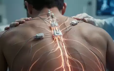 Nahaufnahme des Rückens eines Patienten mit leuchtenden Linien, die Nervenbahnen und eine Schmerzbehandlung mit Wirbelsäulenstimulation andeuten. - Foto: über boerse-global.de