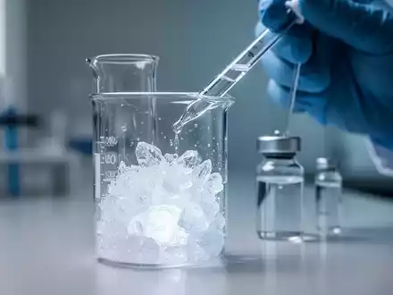 Nahaufnahme eines Glasbechers mit einer kristallinen Substanz in einem Labor, während eine Hand Flüssigkeit pipettiert. - Foto: über boerse-global.de