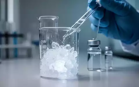 Nahaufnahme eines Glasbechers mit einer kristallinen Substanz in einem Labor, während eine Hand Flüssigkeit pipettiert. - Foto: über boerse-global.de