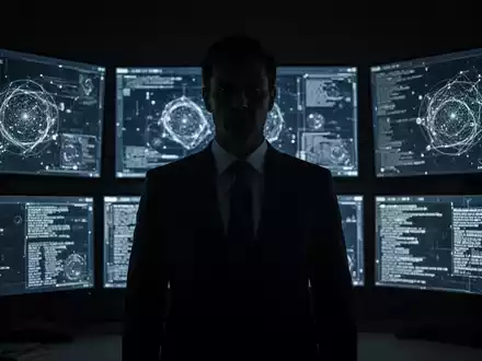 Eine dunkle Figur vor leuchtenden digitalen Bildschirmen, die Daten und Code anzeigen, symbolisiert Überwachung und Nachrichtendienste. - Foto: über boerse-global.de