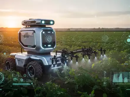 Fortschrittlicher Agrarroboter mit leuchtenden Sensoren besprüht präzise ein Feld im Morgengrauen, Symbol für KI-gestützte Effizienz. - Foto: über boerse-global.de