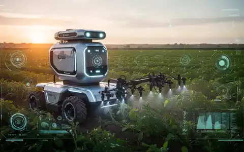 Fortschrittlicher Agrarroboter mit leuchtenden Sensoren besprüht präzise ein Feld im Morgengrauen, Symbol für KI-gestützte Effizienz. - Foto: über boerse-global.de