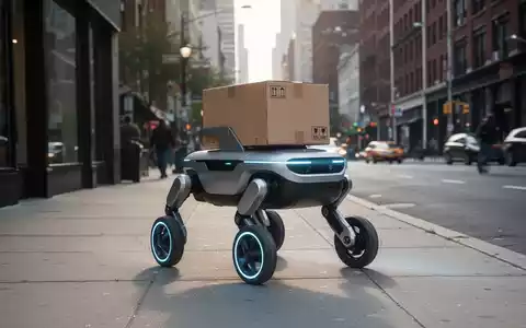 Ein anspruchsvoller vierbeiniger Radroboter mit einem Paket für urbane Logistik bewegt sich auf einem Bürgersteig. - Foto: über boerse-global.de