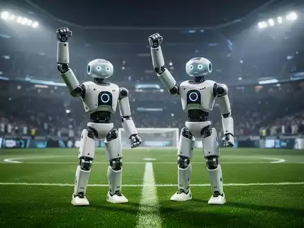 Zwei humanoide Roboter, die wie Fußballspieler aussehen, feiern auf grünem Kunstrasen unter Flutlicht einen Sieg. - Foto: über boerse-global.de