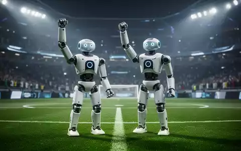 Zwei humanoide Roboter, die wie Fußballspieler aussehen, feiern auf grünem Kunstrasen unter Flutlicht einen Sieg. - Foto: über boerse-global.de