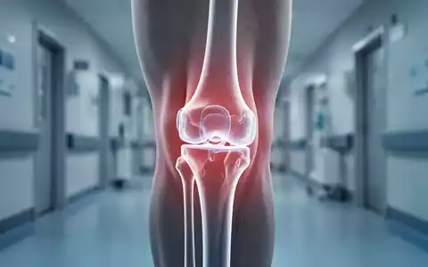 Nahaufnahme eines Knies, das ein künstliches Gelenk durchscheinen lässt, im Hintergrund ein verschwommener Krankenhausflur. - Foto: über boerse-global.de