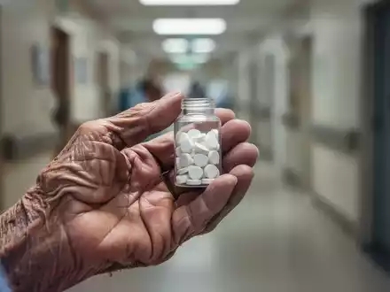 Eine ältere Hand hält eine Pillenflasche vor einem verschwommenen Krankenhausflur, der das Risiko von Säureblockern und Demenz symbolisiert. - Foto: über boerse-global.de