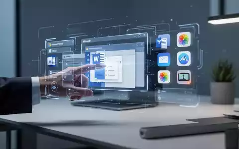 Eine Hand interagiert mit einem holografischen Interface, das Microsoft Word-Dokumente und macOS-Symbole zeigt und Softwareintegration symbolisiert. - Foto: über boerse-global.de