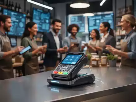 Modernes Zahlungsterminal auf einer Theke mit verschwommenem Hintergrund verschiedener Kleinunternehmer und Kunden, symbolisiert digitale Zahlungen. - Foto: über boerse-global.de