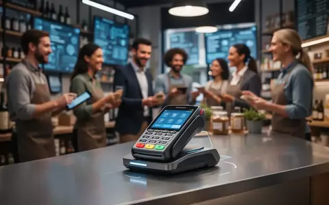 Modernes Zahlungsterminal auf einer Theke mit verschwommenem Hintergrund verschiedener Kleinunternehmer und Kunden, symbolisiert digitale Zahlungen. - Foto: über boerse-global.de