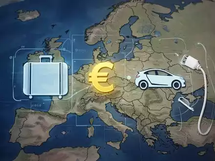 Grafische Darstellung von Reisekosten, mit Icons für Koffer, Euro-Symbol und ladendes Elektroauto auf einer Europakarte. - Foto: über boerse-global.de