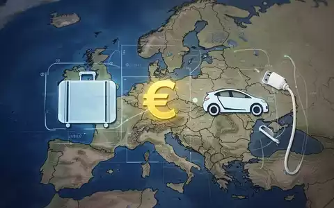 Grafische Darstellung von Reisekosten, mit Icons für Koffer, Euro-Symbol und ladendes Elektroauto auf einer Europakarte. - Foto: über boerse-global.de
