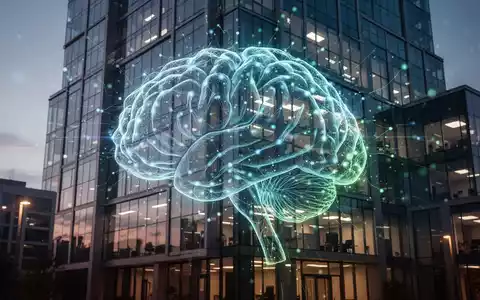 Ein stilisiertes, leuchtendes neuronales Netz über einem modernen Bürogebäude bei Sonnenuntergang, das KI-Regulierung und Compliance symbolisiert. - Foto: über boerse-global.de