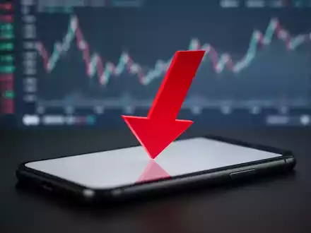 Ein roter Pfeil zeigt nach unten und durchbohrt ein stilisiertes elektronisches Gerät, im Hintergrund sind Finanzdaten angedeutet. - Foto: über boerse-global.de