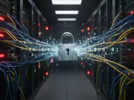 Digitales Schloss mit austretendem Binärcode, symbolisiert Datenleck in Serverraum mit roten Warnlichtern. - Foto: über boerse-global.de