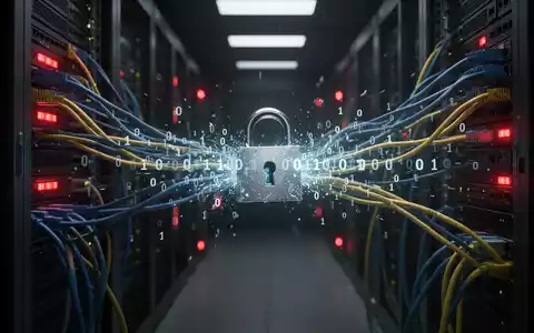 Digitales Schloss mit austretendem Binärcode, symbolisiert Datenleck in Serverraum mit roten Warnlichtern. - Foto: über boerse-global.de